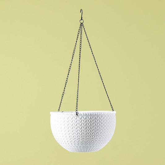 White plastic hanging flower pot - Ø26 × H15.5 cm - Metal Chain + Hook