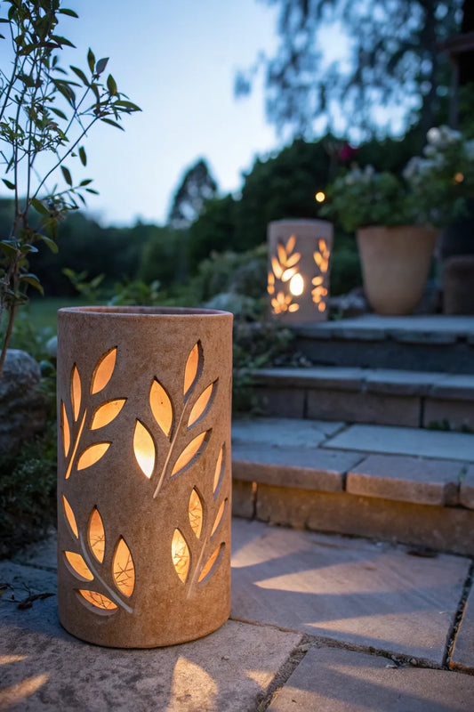 Cylindrical Leaf Cutwork Terracotta Lantern – Reference Gallery Image