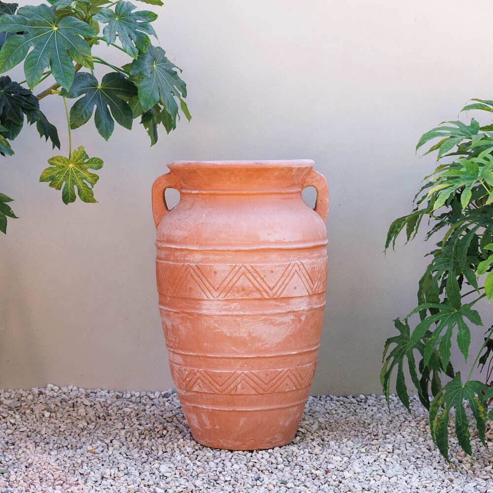Tall Tapered Terracotta Decorative Urn – Green Plants